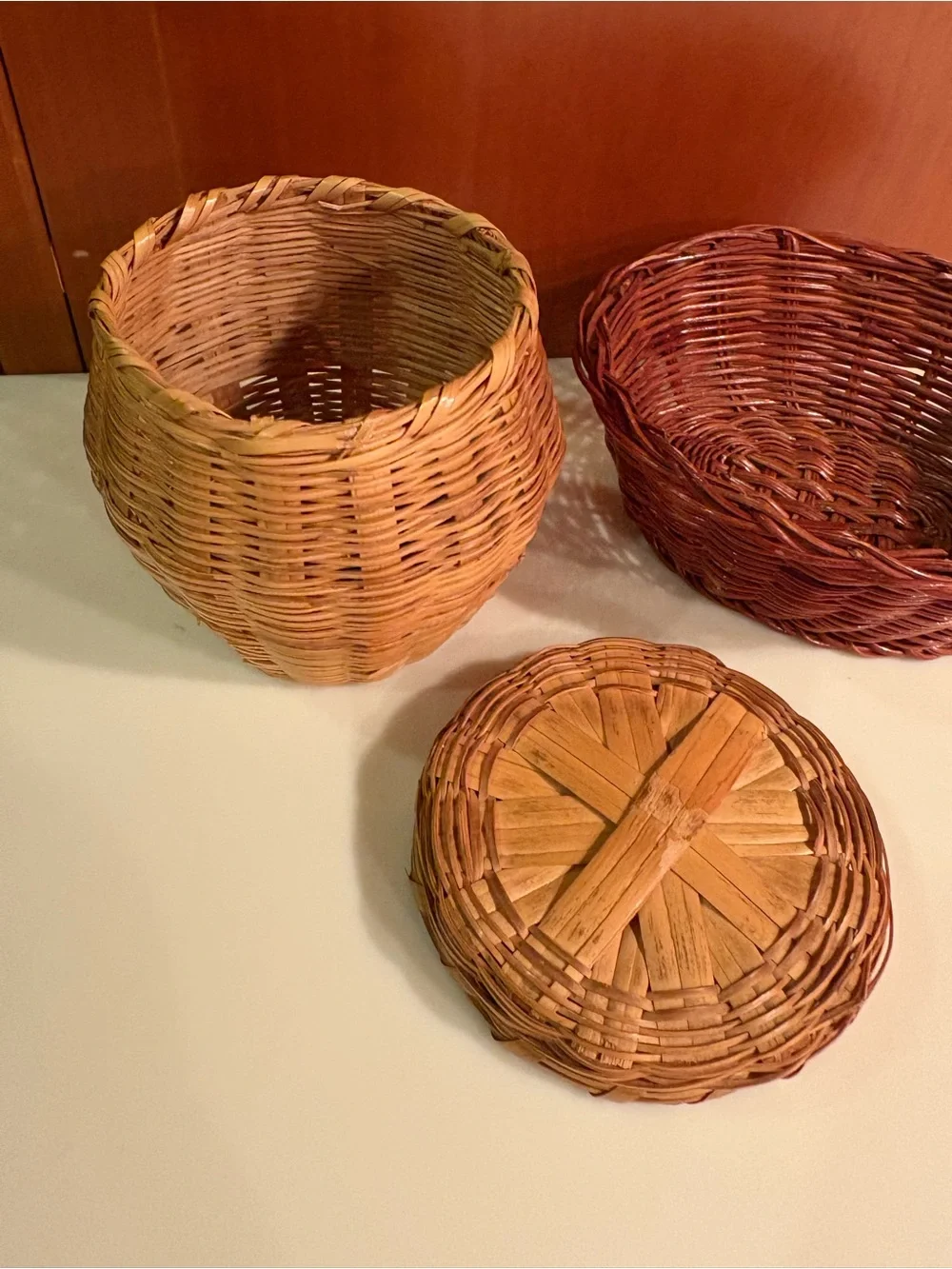 Super Cute Mini Handwoven Natural and Brown Wicker Basket Set Clean Pet/Smoke-fr